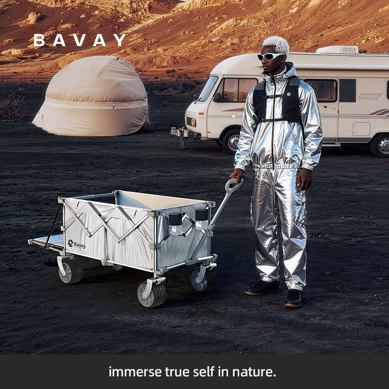 Bavay北欢露营车S14银色铝合金户外折叠推车儿童可躺大容量野餐车