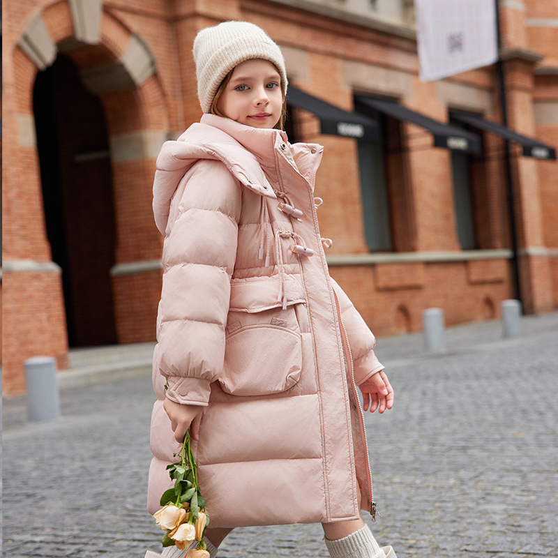 女童羽绒服中长款新款连帽中大童2024冬季加厚女孩保暖外套白鸭绒