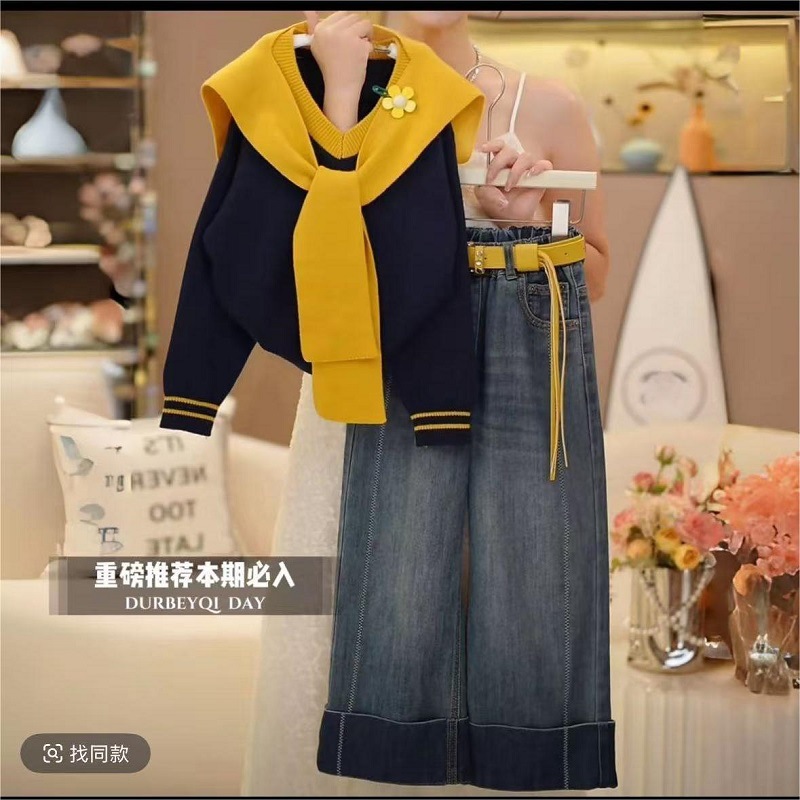 女童秋款套装2025新款V领披肩针织上衣儿童洋气牛仔裤休闲套装潮