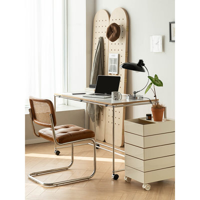 。移动书桌带轮不锈钢中古白色工作台简约家用小户型书房电脑办公