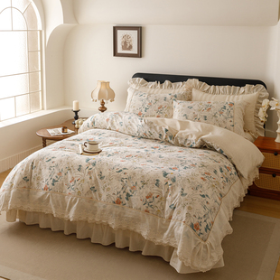 法式棉麻夹棉床盖四件套全棉纯棉2026新款被套床裙花边公主风床品