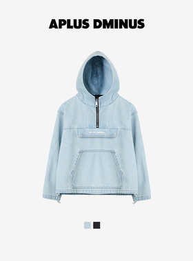 APLUS DMINUS儿童小徽标半拉链水洗连帽冲锋衣时尚牛仔外套中大童