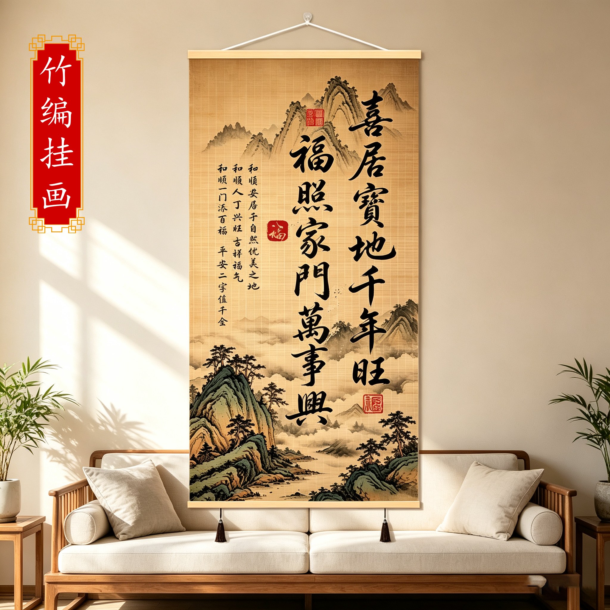 中式喜居宝地竹编挂画客厅书房装饰画山水书法字画家居背景墙装饰