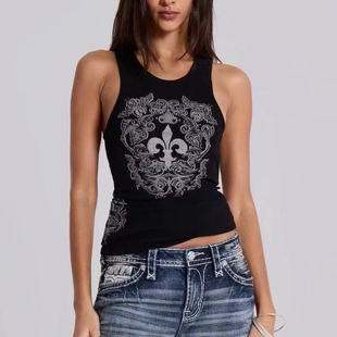 IAMUBABA London黑色烫钻背心摇滚复兴Y2K重工闪钻背心上衣 Jaded