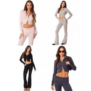 现货edikted欧美春秋夏冬新款连帽针织衫外套修身长裤休闲套装女