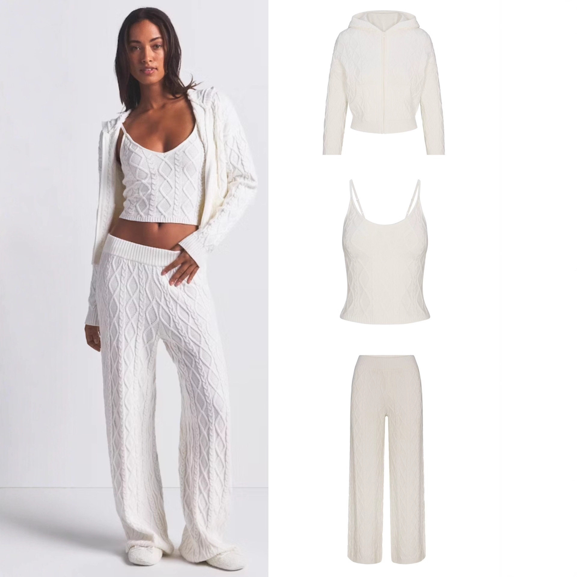 SKIMS 25秋冬新款毛衣三件套复古麻花针织软糯舒适慵懒风连帽衫,女装/女士精品,休闲运动套装,淘宝优惠券,粉丝福利购,淘宝优惠卷