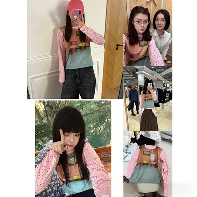 ash26SS新款浴室印花拼接长袖T恤女可爱减龄宽松上衣