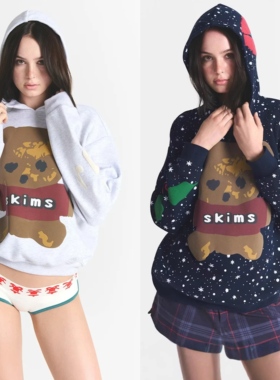 SKIMS卡戴珊圣诞秋冬新款小熊图案连帽卫衣宽松百搭休闲风卫衣