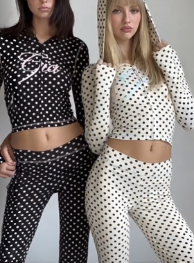 iamgia 正肩修身字母印花时尚波点修身连帽长袖外套裤子套装