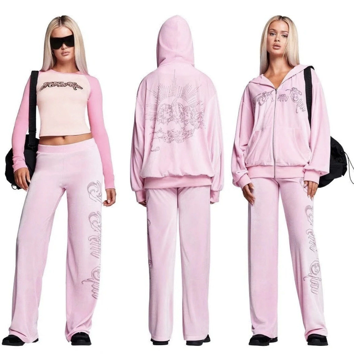 IAMGIA秋冬新款欧美风连帽休闲长袖宽松字母烫钻拉链卫衣套装