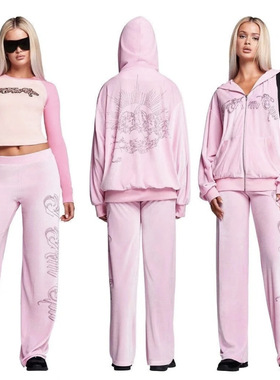 I.AM.GIA 2025秋冬新款连帽休闲长袖宽松字母烫钻拉链卫衣套装