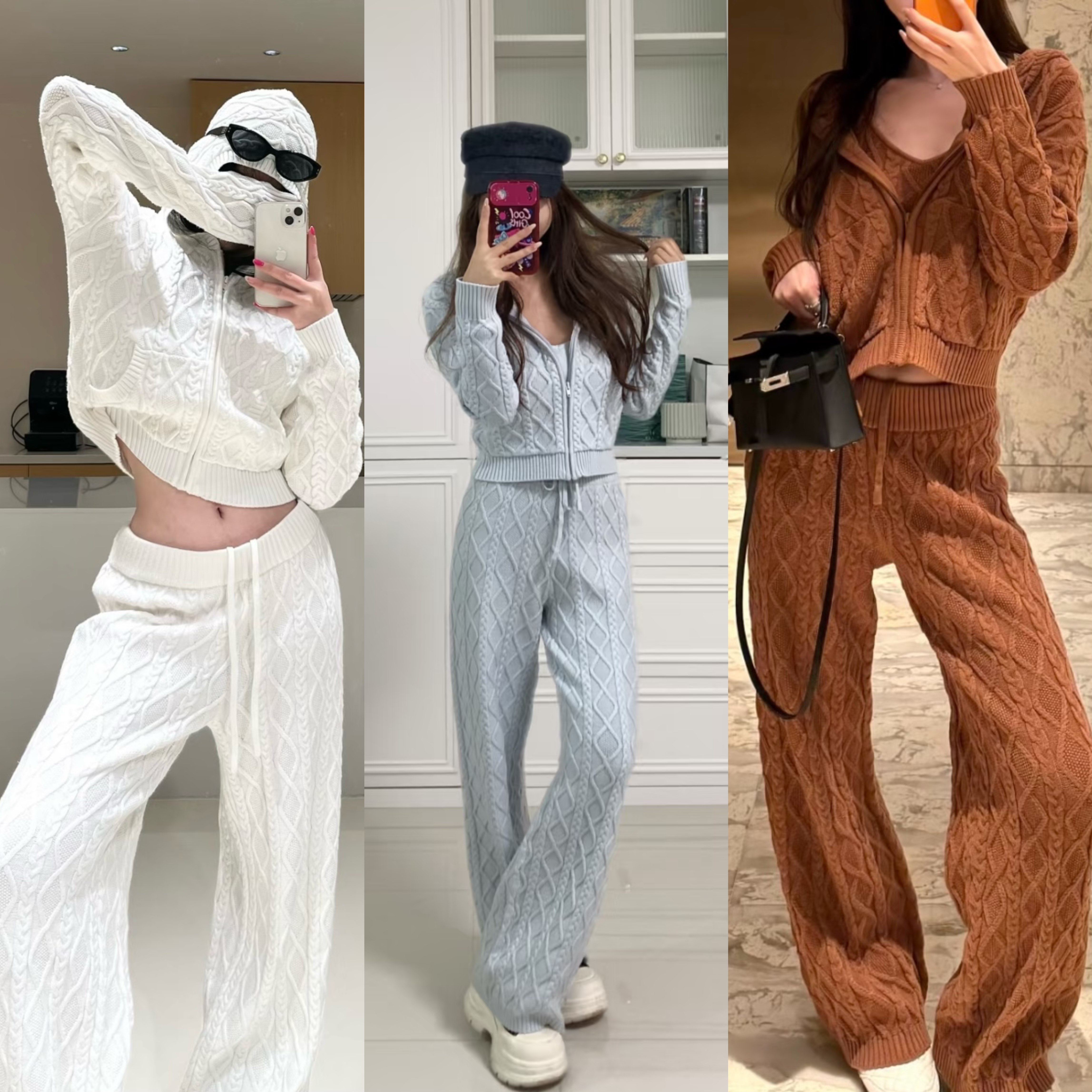 秋冬skims新款毛衣三件套复古麻花针织软糯舒适慵懒风连帽衫套装