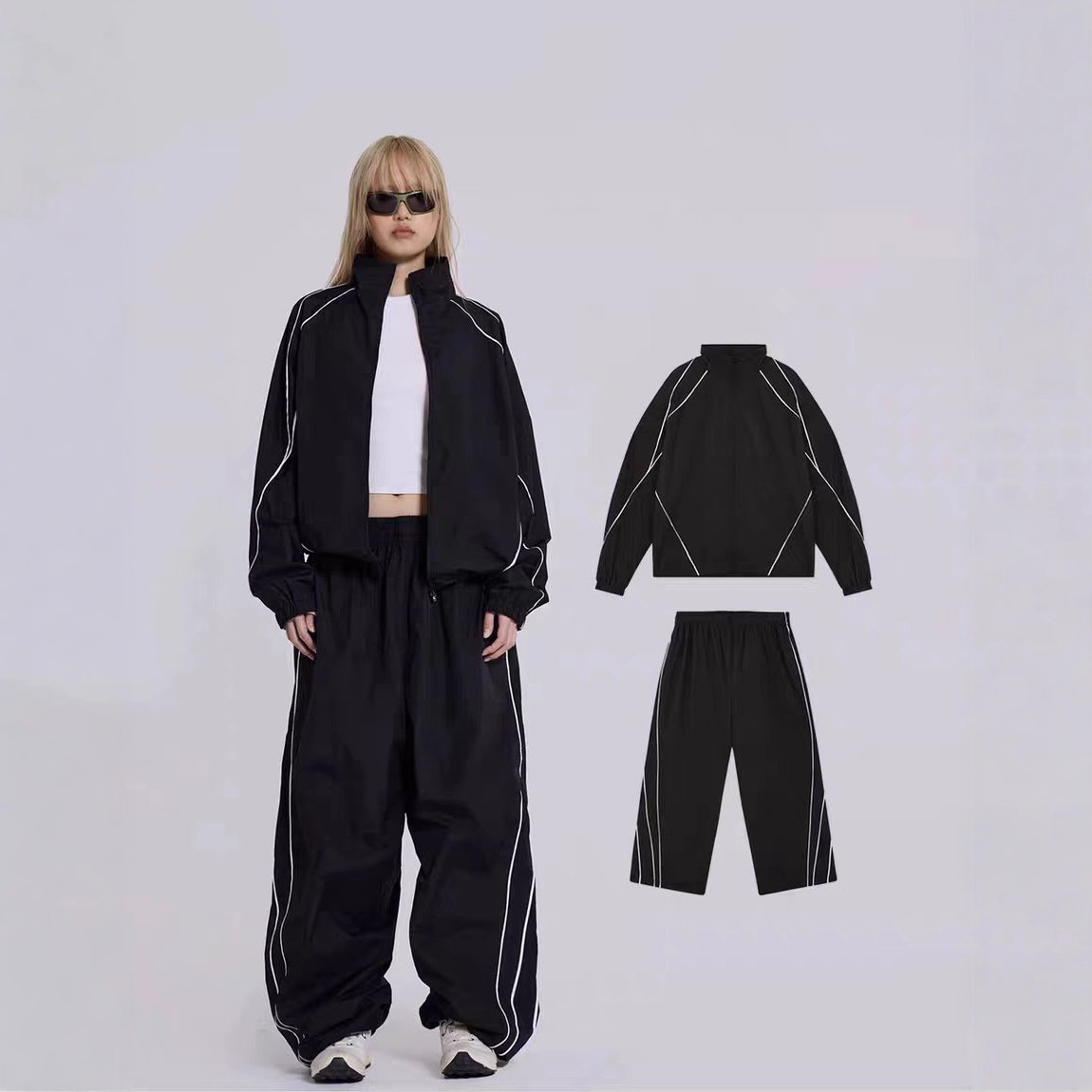 Jaded London 酷帅街潮风撞色线条宽松机能运动外套长裤