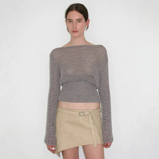 paloma wool气质镂空宽松一字领斜肩收腰微透视长袖上衣