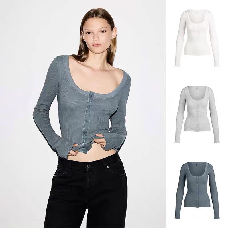 SKIMS  莫代尔休闲百搭弹力亲肤显瘦辣妹方领显锁骨打底衫