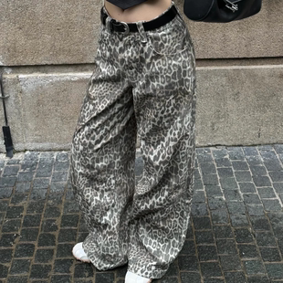 休闲裤 London做旧水洗豹纹宽松阔腿低腰牛仔裤 Jaded IAMUBABA新款