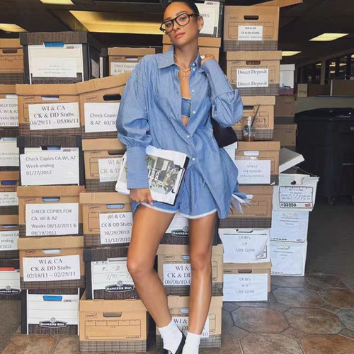 Helsa条纹套装elsa hosk同款法式小众休闲慵懒衬衫吊带短裤套装