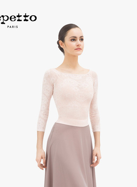 REPETTO丽派朵 女士黑色一字领玫瑰蕾丝紧身弹力芭蕾舞舞蹈服上衣