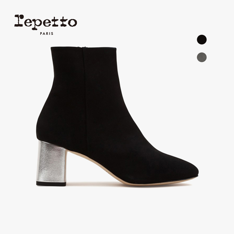 REPETTO丽派黑色反绒皮方高跟靴