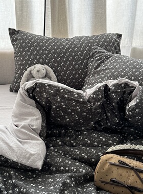 复古少女心韩系黑色小碎花ins水洗棉四件套床单学生三件套床笠1.8