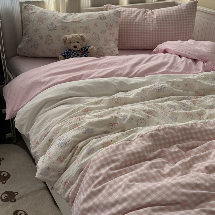 韩系拼接风蝴蝶结狗水洗棉四件套