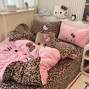 ins少女粉色可爱KT猫咪毛巾绣牛奶绒四件套冬天珊瑚绒三件套床笠