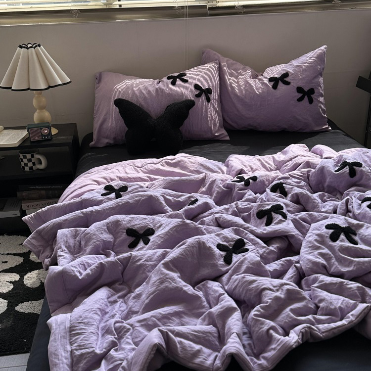 ins简约蝴蝶结毛巾绣水洗棉夏凉被四件套夏季空调被三件套床笠款