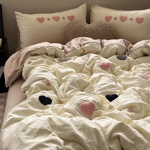 简约ins少女爱心毛巾绣四件套1.8