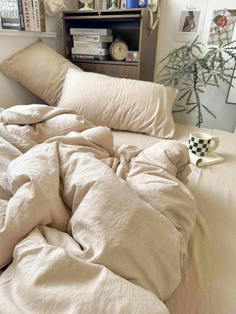 文艺ins奶杏色褶皱水洗棉床上四件套床单柔软被套纯色三件套床笠