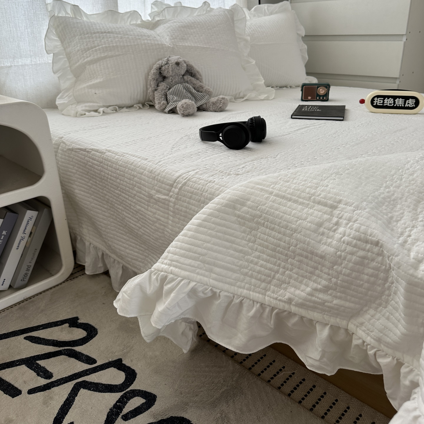 纯色ins奶白韩系小仙女花边床盖