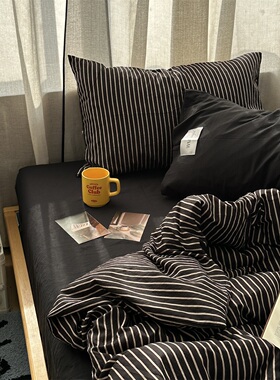 日系简约黑色条纹ins软糯水洗棉四件套床单学生宿舍三件套床笠1.8
