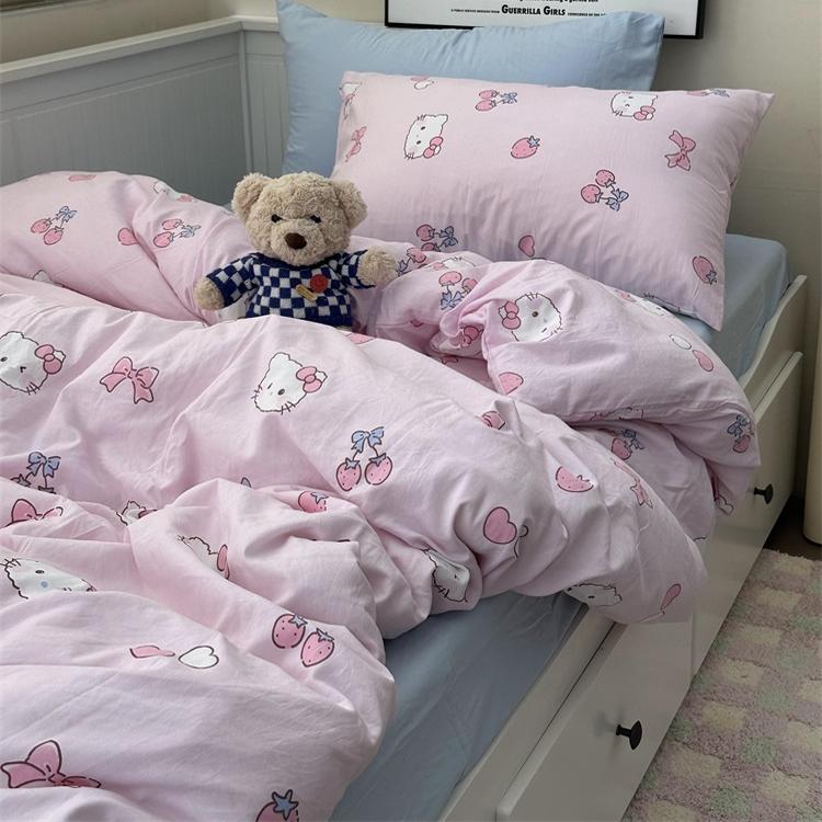 ins少女粉色可爱猫咪水洗棉四件套床单纯色被套学生宿舍三件套1.8