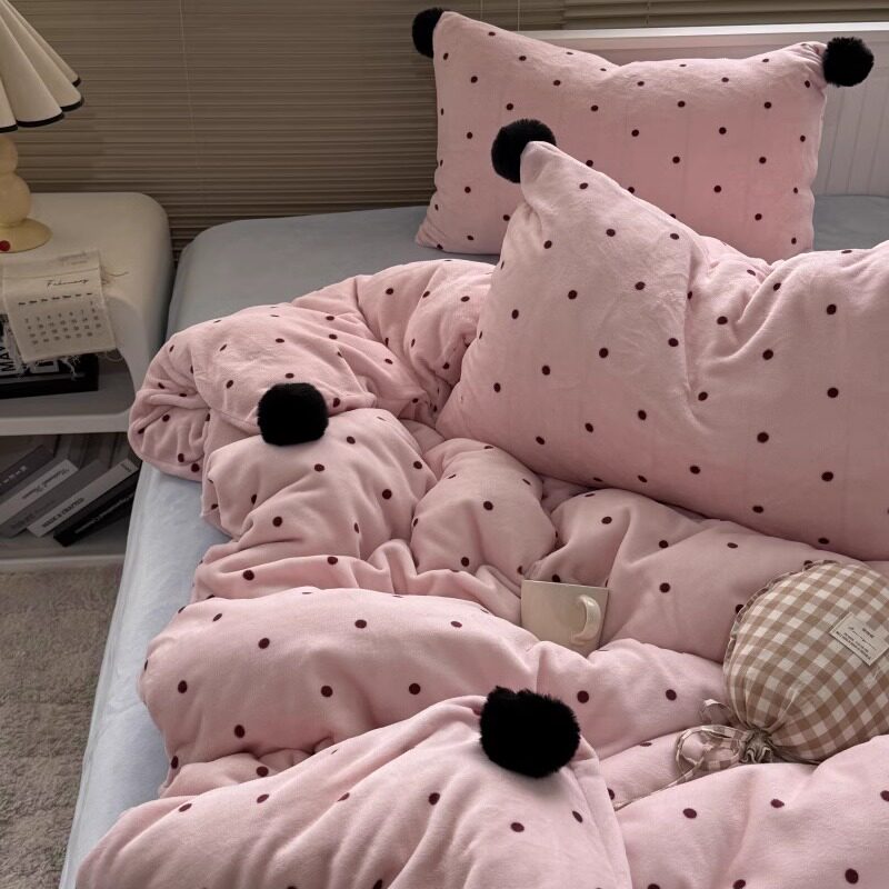 韩系多元少女粉毛绒球球波点牛奶绒冬季四件套加厚珊瑚绒三件套2m