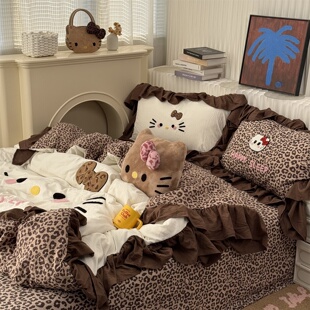 少女ins可爱豹纹猫猫毛巾绣水洗棉四件套韩系花边床单学生三件套