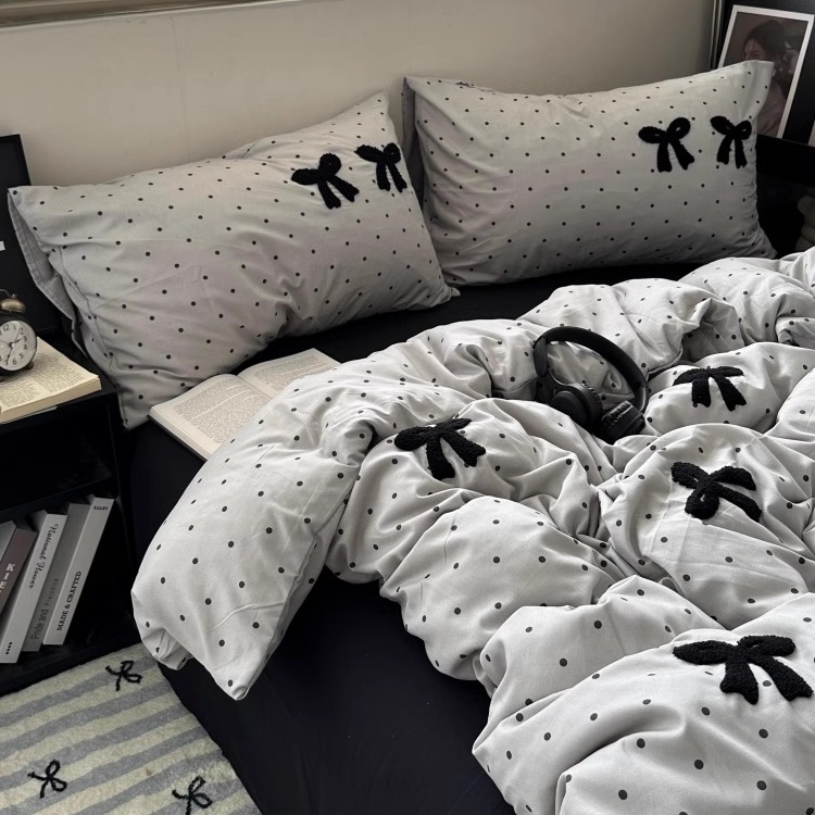 ins灰色小波点蝴蝶结毛巾绣水洗棉四件套床单黑色宿舍三件套床笠