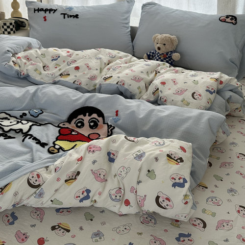 简约卡通ins少女可爱蜡笔小新毛巾绣水洗棉四件套床单学生三件套 - 封面