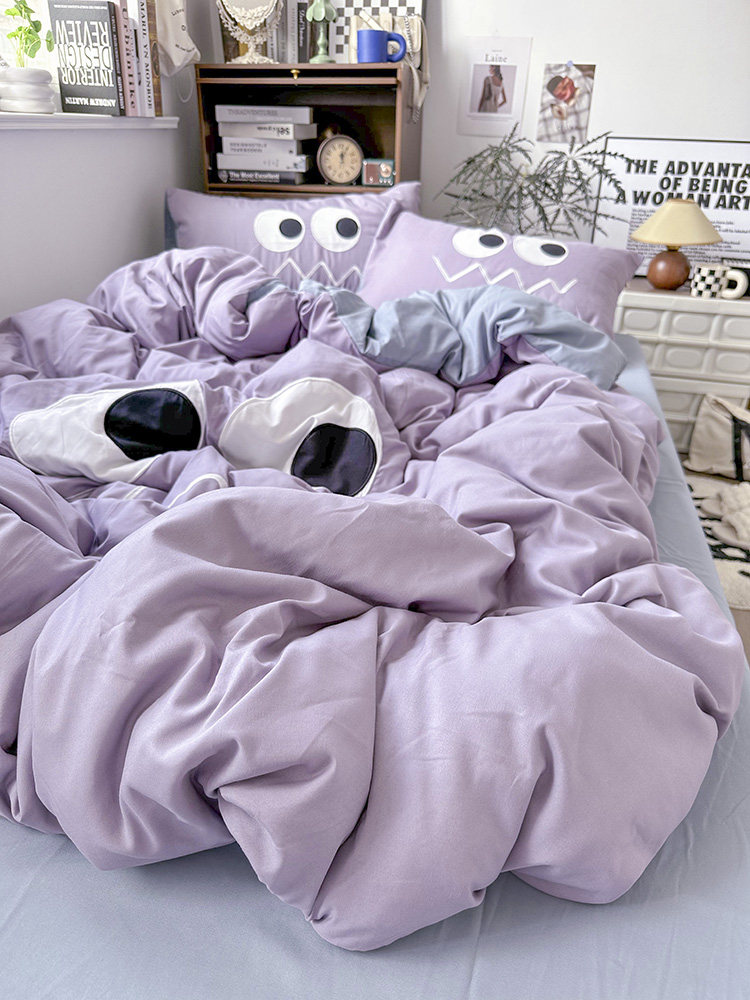 卡通可爱大眼贴布绣水洗棉四件套床单纯色被套学生宿舍三件套床笠