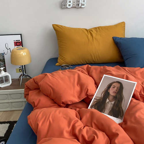 無绵橙色宝蓝混搭风水洗棉四件套