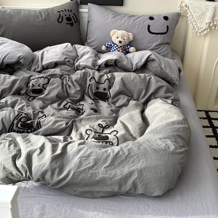 简约ins少女卡通狗狗毛巾绣水洗棉四件套床单学生宿舍三件套床笠