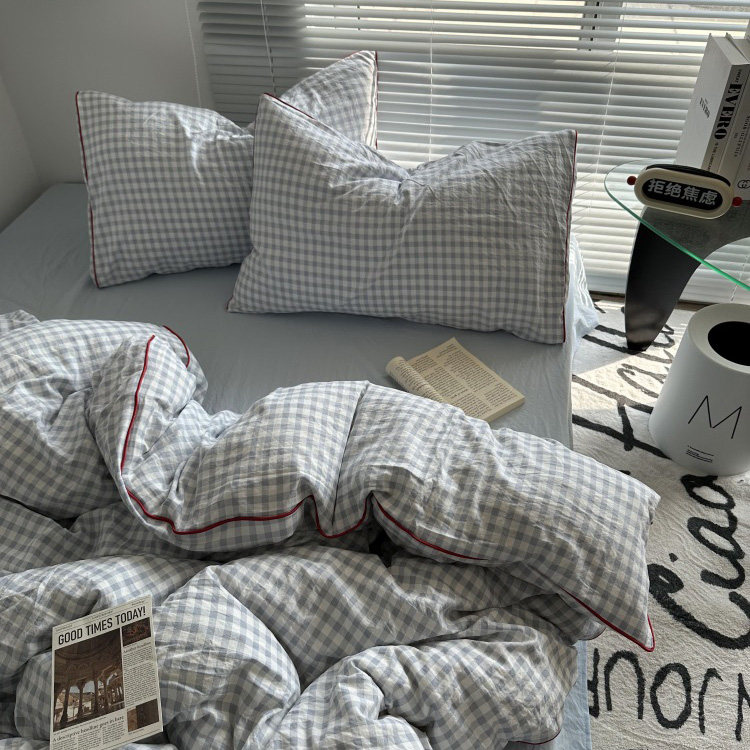 日式简约ins蓝色格子包边款水洗棉四件套床单纯色被套宿舍三件套