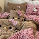 少女ins韩系可爱黑皮KT猫咪毛巾绣牛奶绒四件套冬天珊瑚绒三件套