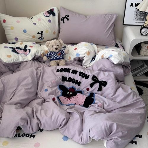 ins少女紫色狗狗水洗棉四件套1.8