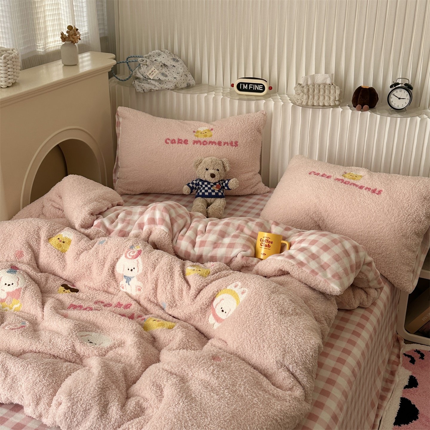 少女奶油粉ins可爱卡通毛巾绣泰迪绒四件套冬天加厚牛奶绒三件套,床上用品,床品套件/四件套/多件套,淘宝优惠券,粉丝福利购,淘宝优惠卷