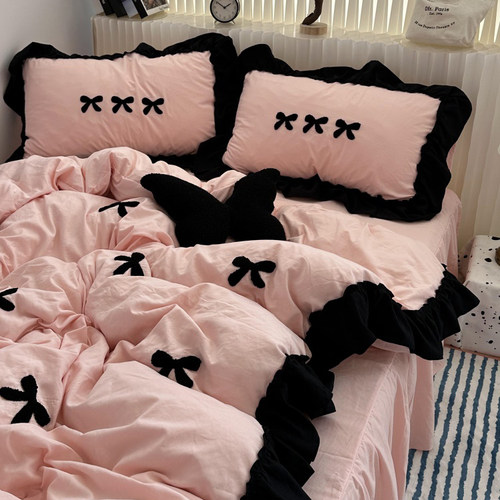 法式黑边毛巾绣蝴蝶结四件套床裙