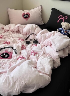 ins少女粉蝴蝶结猫咪毛巾绣水洗棉四件套床单黑色被套三件套床笠