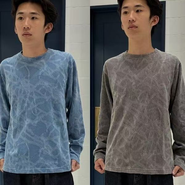 日系beams男女同款闪电提花长袖T恤潮牌宽松圆领上衣