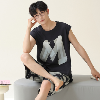 芬腾男士睡衣夏季纯棉背心无袖薄款男款学生青少年大码家居服夏天
