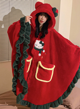 全棉纯棉红色法兰绒睡袍女25秋冬款可外穿胖MM家居服斗篷大码睡衣