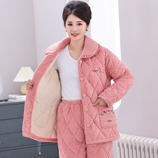 全棉纯棉睡衣女秋冬季珊瑚绒三层夹棉加厚保暖加绒中老年家居服妈