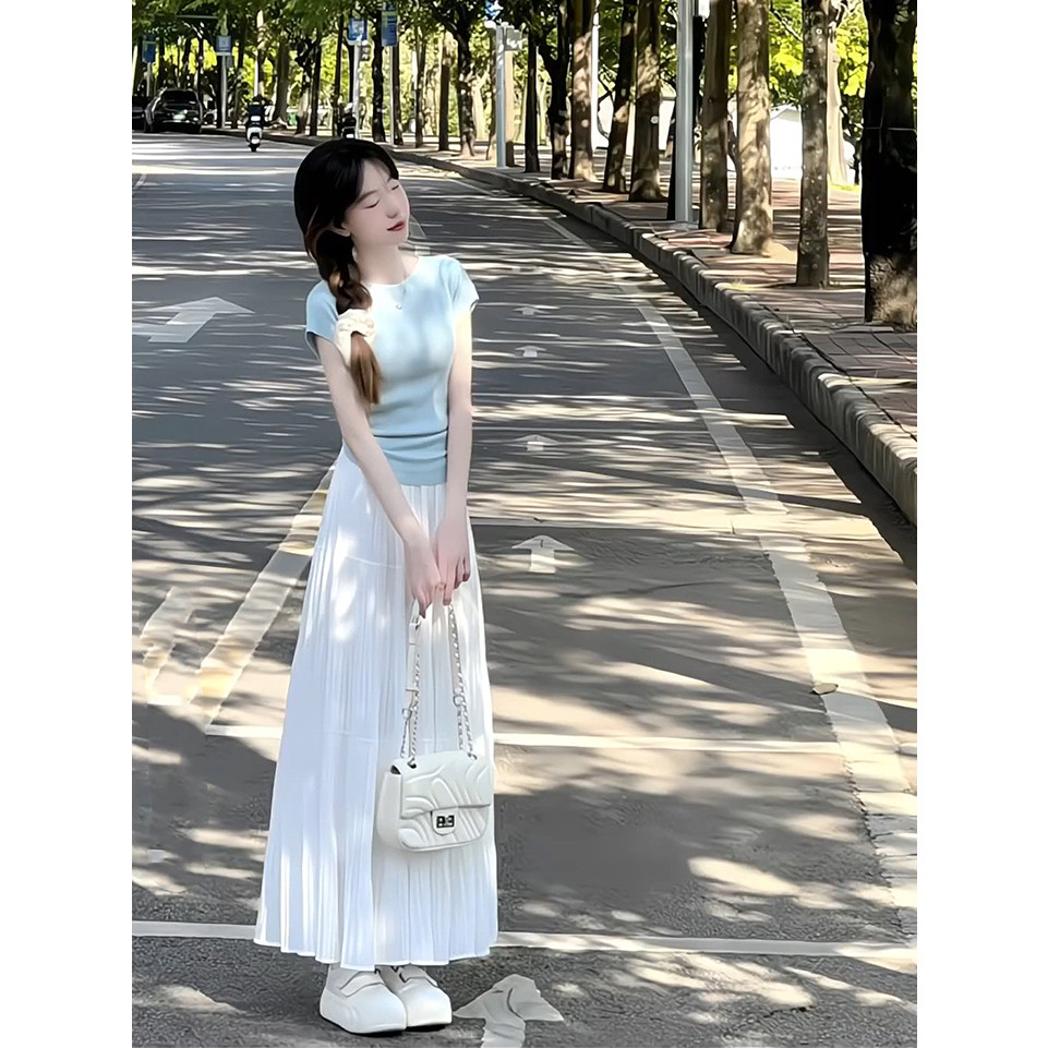 现货 夏季新款法式后背系带气质温柔上衣高腰半身裙一套套装女